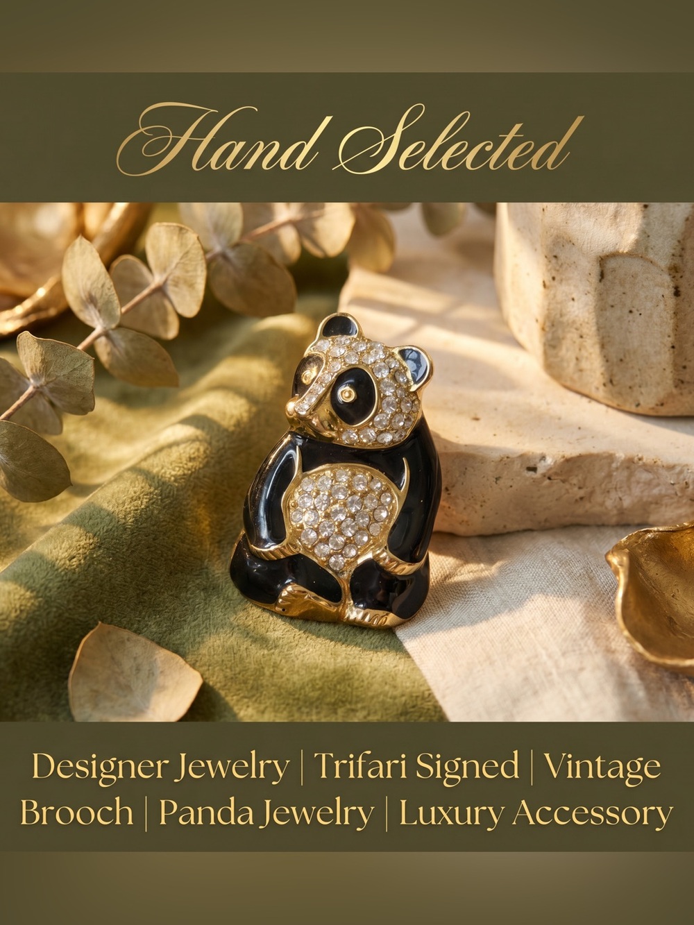 Vintage Signed Trifari Panda Brooch- Black Enamel Rhinestone Gold Pin.